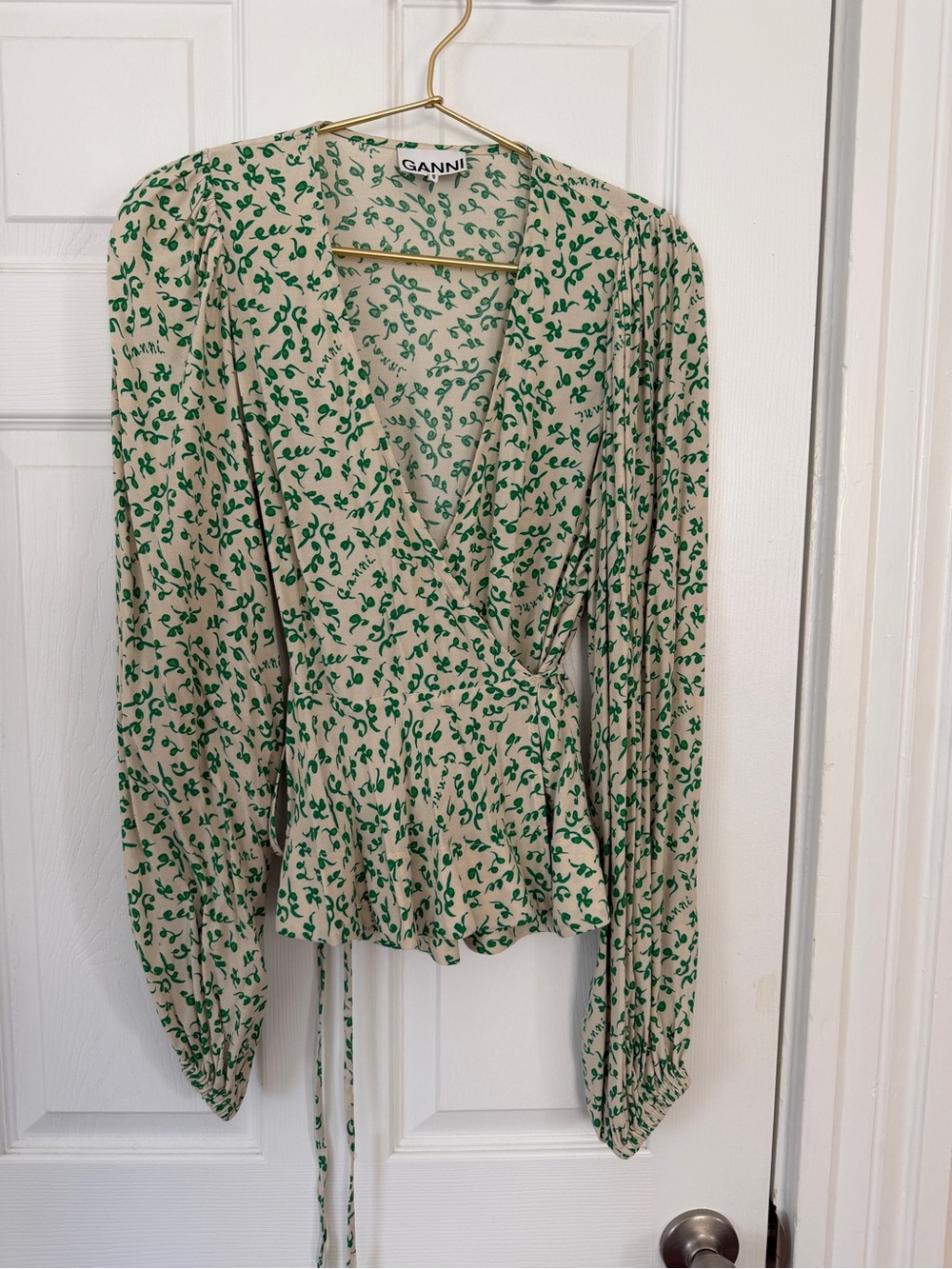 Ganni Beige Wrap Blouse with Green Leaf Print Long Sleeve Wrap